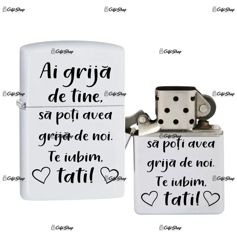 Ai grija de tine, bricheta metalica gravata laser cu mesaj